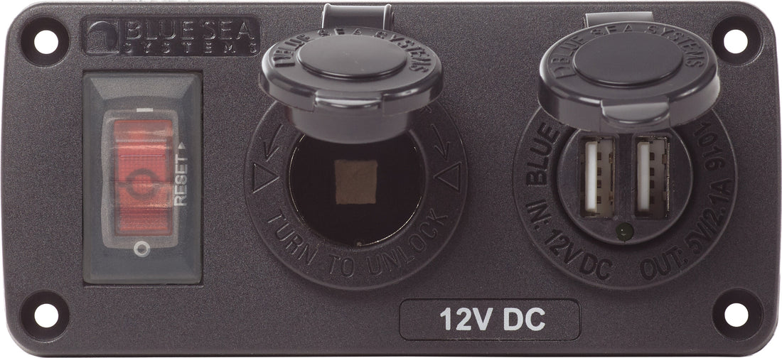 Blue Sea Water-Resistant 12V 15A Circuit Accessory Panel with 12v Socket and Dual USB - 4363-BSS