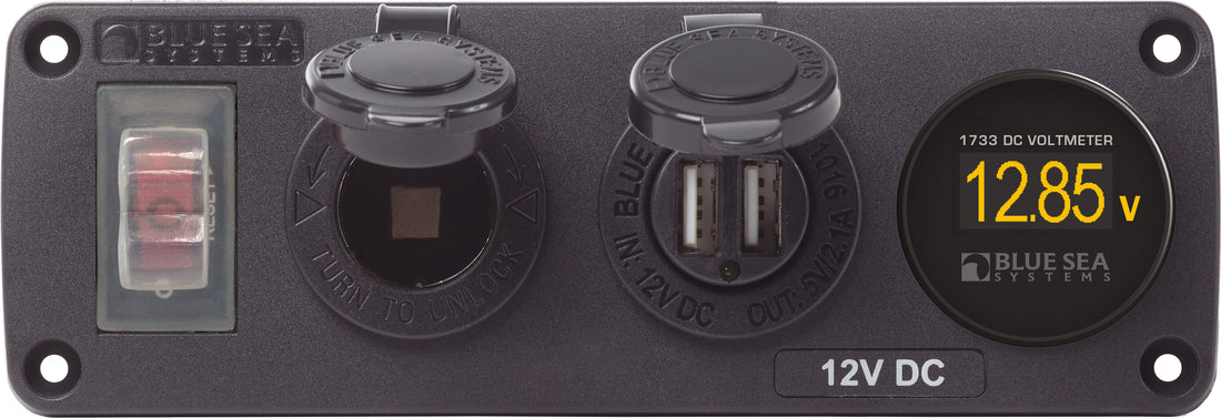 Blue Sea Water-Resistant 12V 15A Circuit Accessory Panel Socket, Dual USB, Volt Meter - 4366-BSS