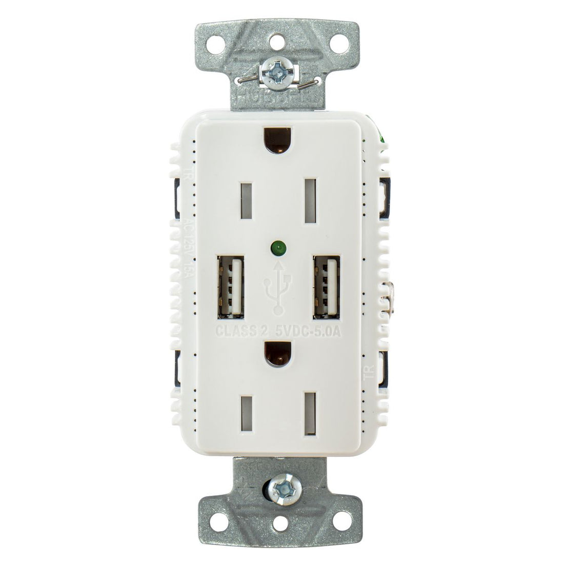 Hubbell USB15A5W White Outlet Dual 15 Amp 125v 2-Pole and Dual 5 Amp 5v USB Ports - USB15A5W