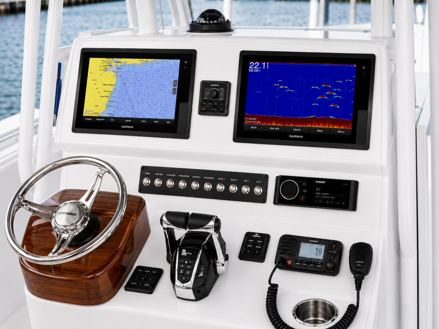 Modern Contender helm with Garmin marine electronics